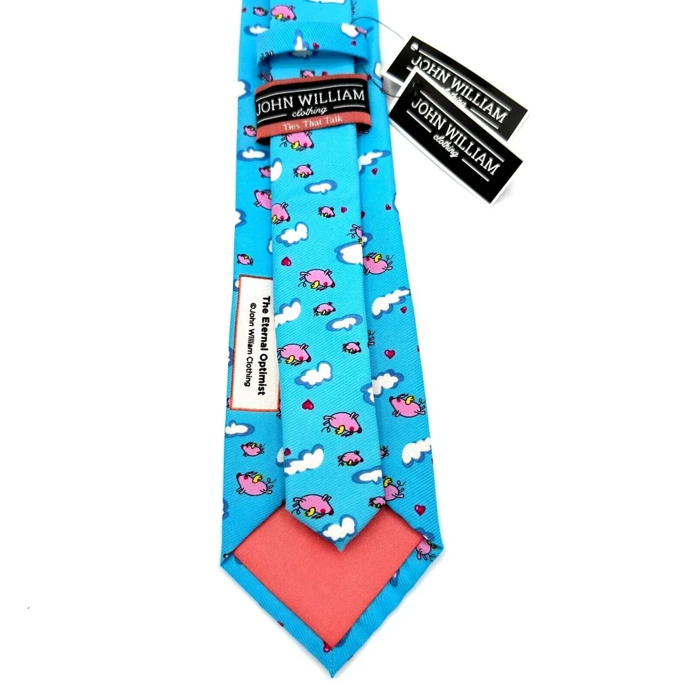 Flying Pig‎ Necktie Mens Blue Pink John William Eternal Optimist Polyester Tie